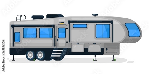 Big camping trailer. Isolated camper vehicle mobile home transport with door and windows. Vector RV car for travel recreation and vacation transportation