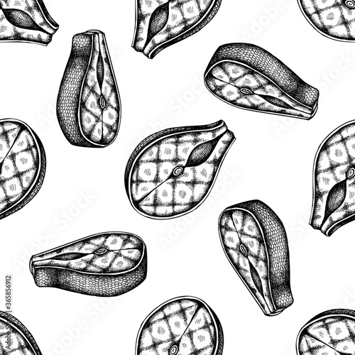 Seamless pattern with black and white grilled salmon steak