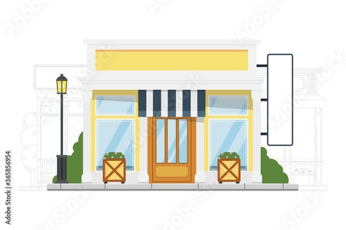 Small hostel. Detailed lodging and accommodation vector illustration. Small city hostel building exterior on cityscape silhouette. Low coast guest house