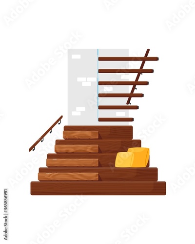 Modern staircase. Isolated wooden staircase with railing, seat and cushions icon. Vector home interior modern stair steps design. Architecture and climb concept