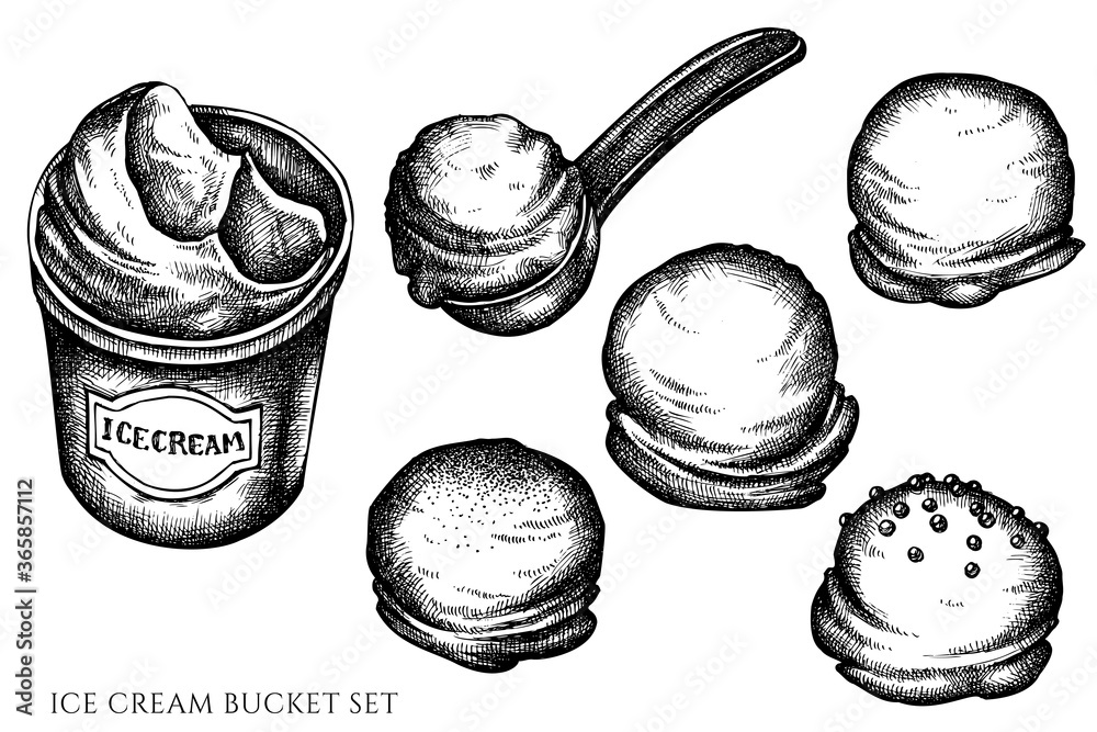 Vector set of hand drawn black and white ice cream bucket, ice cream scoop, ice cream balls