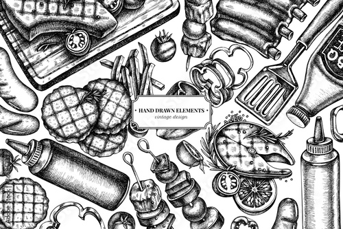 Design with black and white spatula, Pork ribs, kebab, sausages, steak, sauce bottles, grilled burger patties, grilled tomato, grilled salmon steak, grilled bell pepper