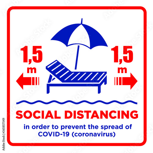 Safe beach holidays by the sea sign. Social distance of rest places, safe distance on the beach. Illustration, vector photo