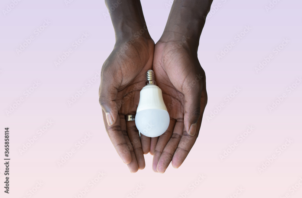 Black man's hand holding a white light bulb on a pink background Black man's hand holding a white light bulb on a pink background