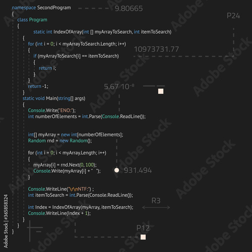 Realistic code in IDE with abstract elements. Software development, back end and front end. Vector image of lines of code. Script or method on programming language in code editor.