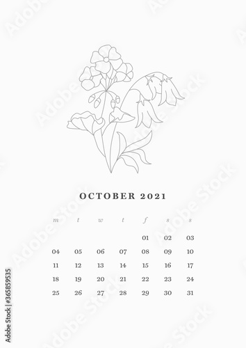 10 of 13 - OCTOBER Month, Flowers Line Art Calendar 2021 Year. Floral Illustrations Clean and Simple Calendar 2021 Design Vector Template Set. Printable and Editable Desk Planner 2021.