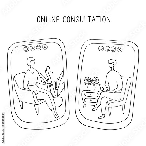 Woman at the psychologist online session. Doctor consultation by phone. Video call to psychiatrist. Online psychological therapy. Hand drawn doodle vector graphic