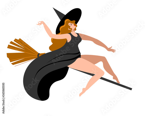 A slender girl is flying on a broomstick in a witch costume. Vector illustration in a flat style on the theme of Halloween.