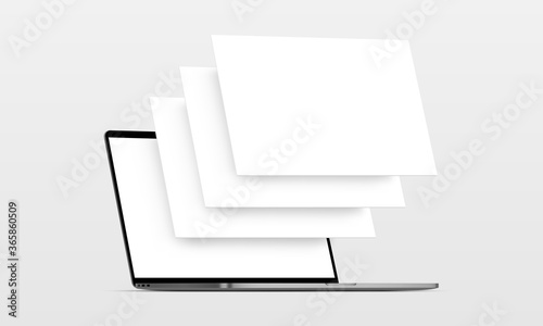 Laptop computer mockup with blank wireframing pages. Concept for showcasing web-design projects. Vector illustration