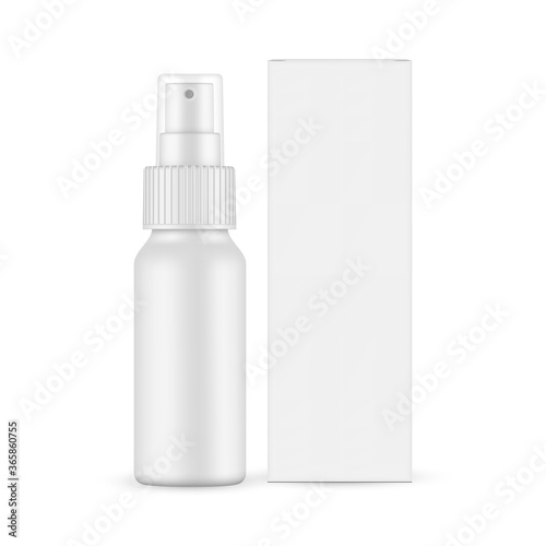 Matte spray bottle mockup with transparent cap and paper box front view, isolated on white background. Vector illustration