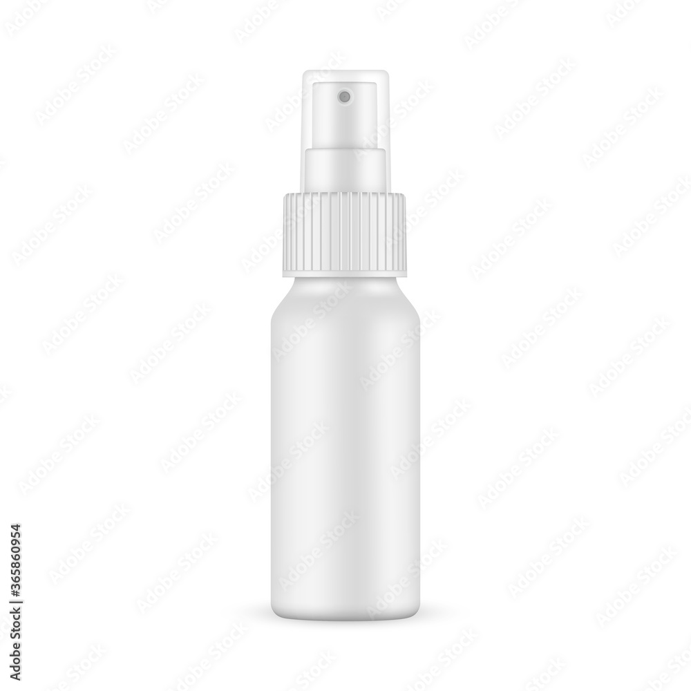 Matte spray bottle mockup with transparent cap isolated on white background. Vector illustration Matte spray bottle mockup with transparent cap isolated on white background. Vector illustration
