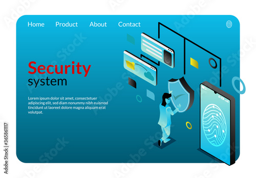 A young people save document , isometric concept art , protection technology business on mobile fingerprint
