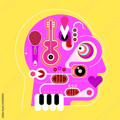 Human head shape design consisting with a different musical instruments vector illustration. Vibrant magenta head silhouette isolated on a yellow background. Crazy music lover.