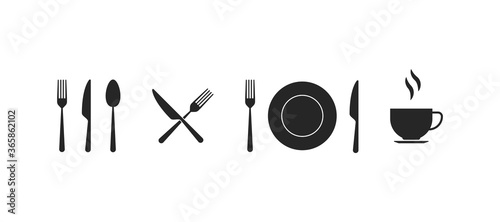 Kitchen utensil in black and white. Spoon, plate, fork, knife and cup sign. Isolated restaurant tools. Silhouette of cooking utensil. Service set of kitchen menu. Vector EPS 10.