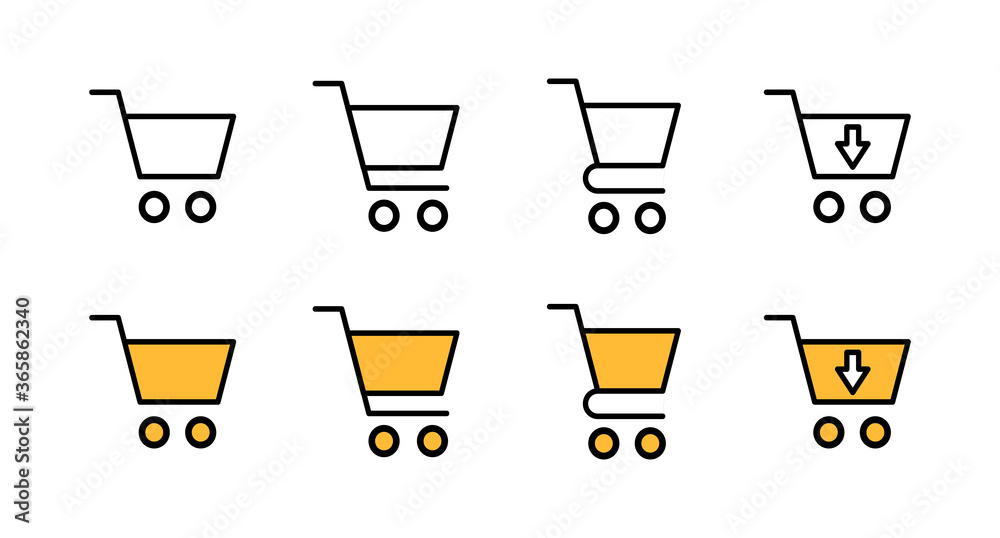 Set of Shopping icons. Shopping cart icon. Basket icon. Trolley Set of Shopping icons. Shopping cart icon. Basket icon. Trolley