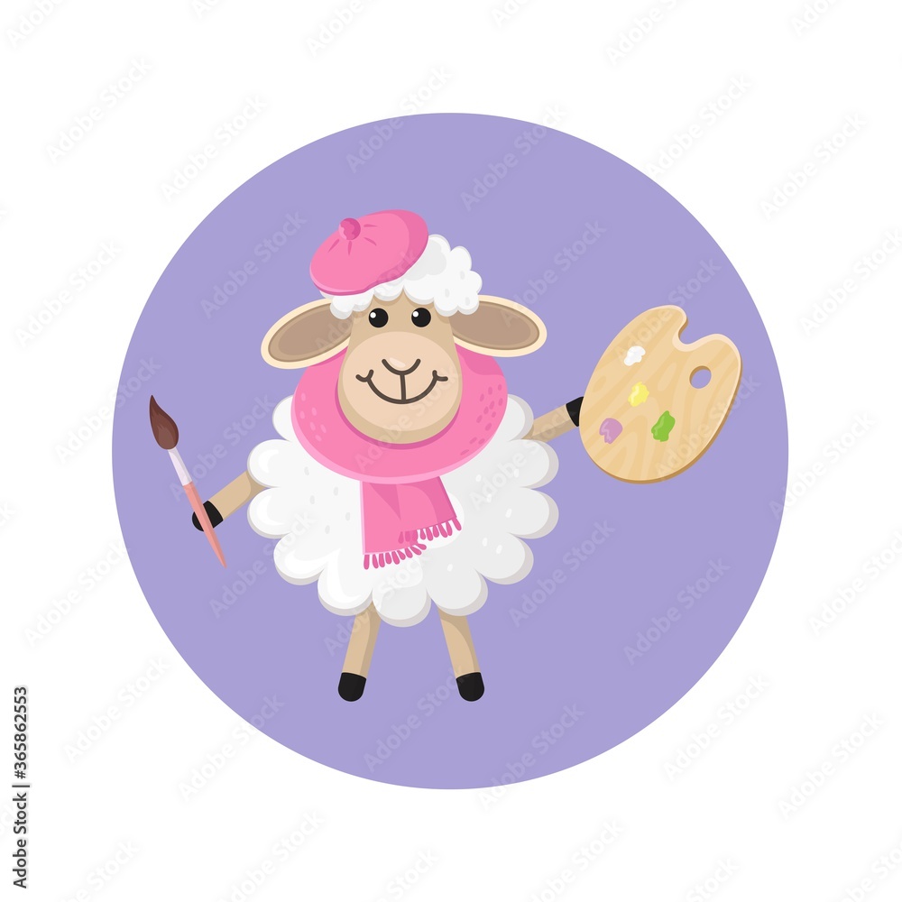 Fototapeta premium Cute sheep artist in pink beret and scarf standing with palette and brush. Art school concept character design. Drawing lessons. Card for children. Vector illustration in cartoon style