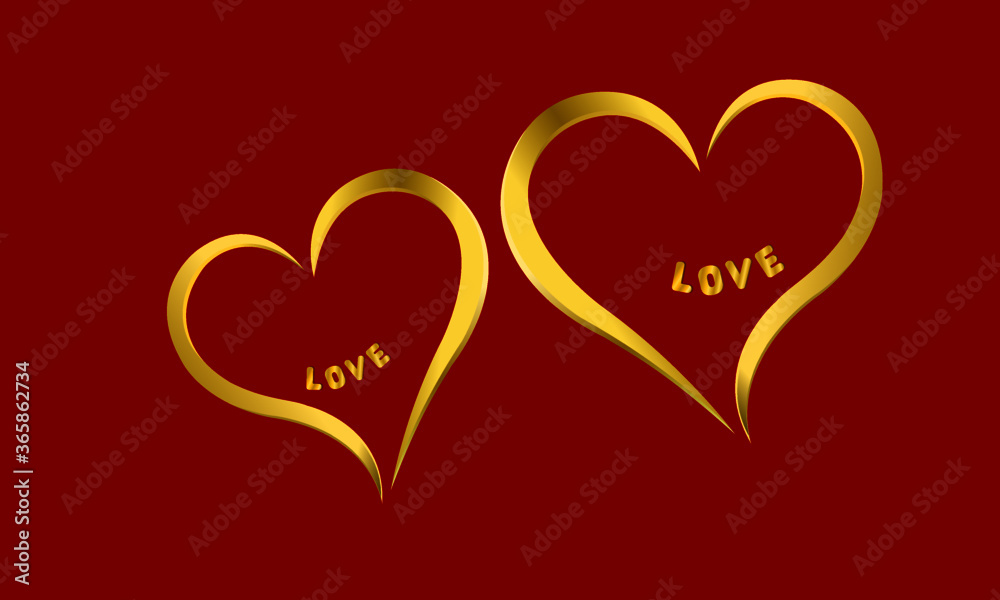 Two glittering gold hearts. Inside there is the word love. Is a symbol representing women and men. Falling in love.