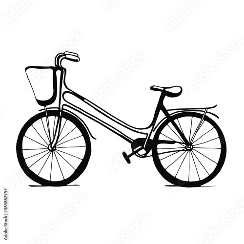 Vector hand-drawn bicycle. Black romantic bike with a basket, trendy, hipster, isolated object.