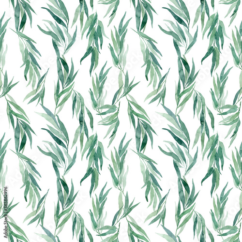 Seamless watercolor floral pattern with eucalyptus branches, perfect for wrappers, wallpapers, postcards, greeting cards, wedding invitations.