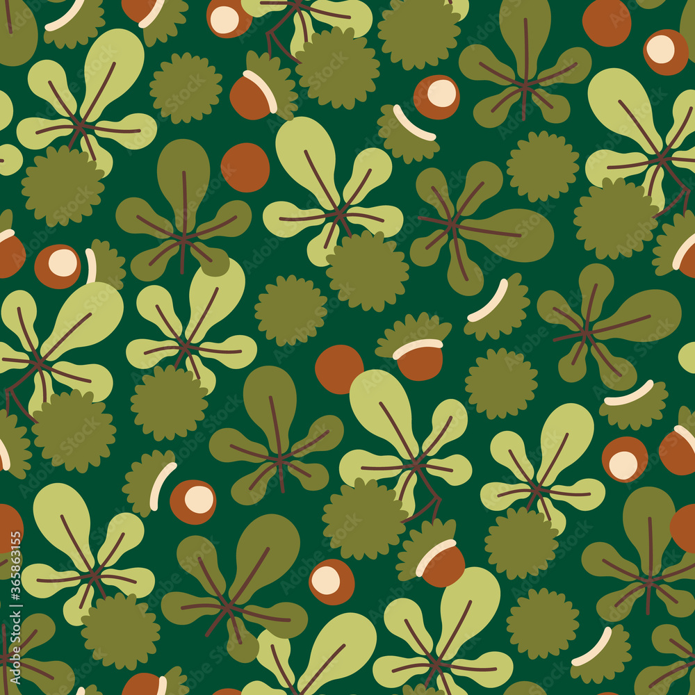 Autumn seamless pattern with  chestnut leaves and horse chestnut fruits. Fall background. Great for fabric, textile, wrapping paper.
