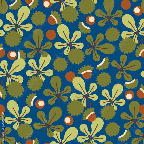 Autumn seamless pattern with  chestnut leaves and horse chestnut fruits. Fall background. Great for fabric  textile  wrapping paper.