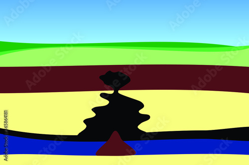 A simple vector illustration with a cross section of the earth showing the formation of a karst funnel and the destruction of the earth under the influence of soil erosion by groundwater