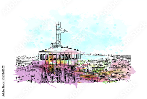 Building view with landmark of Aalborg is a city in the Jutland region of Denmark. Watercolor splash with hand drawn sketch illustration in vector.