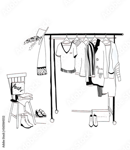 Outline drawing of clothes hanger in the interior of the room, sketch by hand with contour lines illustration