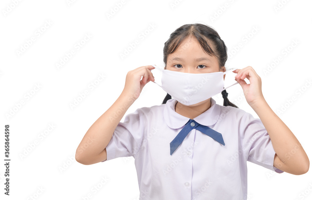 Asian l,ittle student wearing mask isolated on white background, Asian l,ittle student wearing mask isolated on white background,