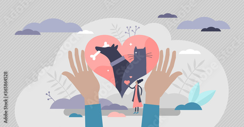 Animal rescue and pet protection with support and love tiny persons concept