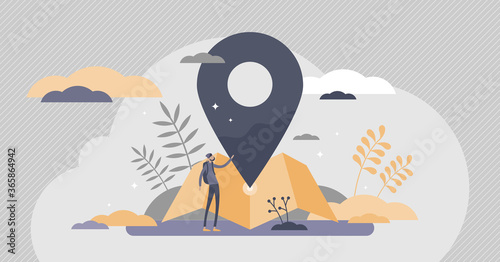 Location services as destination GPS pin point on map tiny persons concept