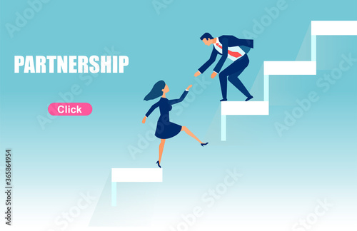 Vector of a business man pulling up the stairs female partner helping to overcome a difficulty