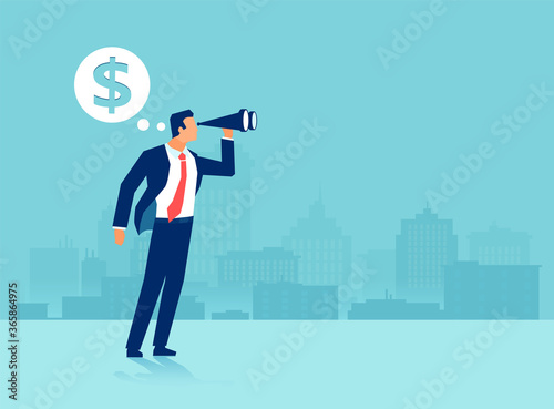 Vector of a business man using binoculars looking into future thinking of big money