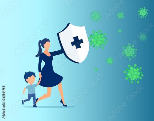 Vector of a woman with a child holding knight shield to protect from COVID-19 viral infection