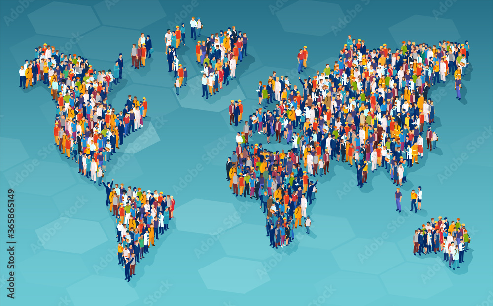 Vector of a large group of diverse people standing on a world map - obrazy, fototapety, plakaty 