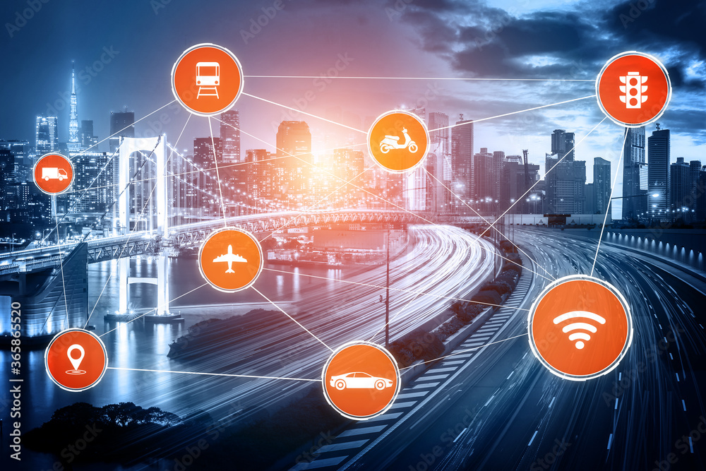 © InfiniteFlow - Smart transport technology concept for future car traffic on road . Virtual intelligent system makes digital information analysis to connect data of vehicle on city street . Futuristic innovation .