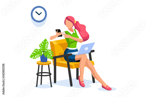 Concept of freelancer at home set. Working relaxed, work comfortable, set of workplaces with homes and characters. Freelancer woman on freelance concept. Isometric Illustration Vector Design.