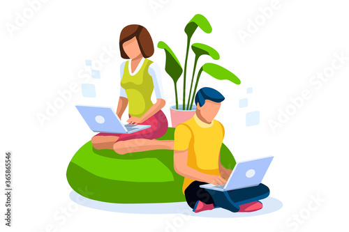 Woman work concept, quarantine space. Concept of home working, young woman with computer, people with laptops. Computers for young people at home on quarantine. Covid-19 Illustration Isometric Vector.