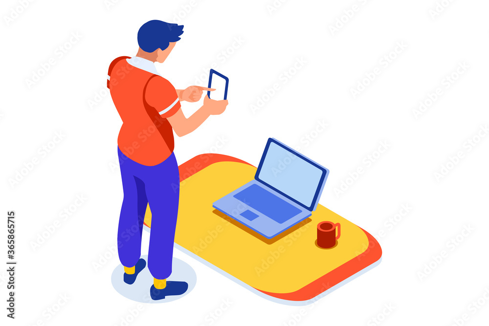 Concept of freelancer at home set. Working relaxed, work comfortable, set of workplaces with homes and characters. Freelancer man on freelance concept. Isometric Illustration Vector Design.
