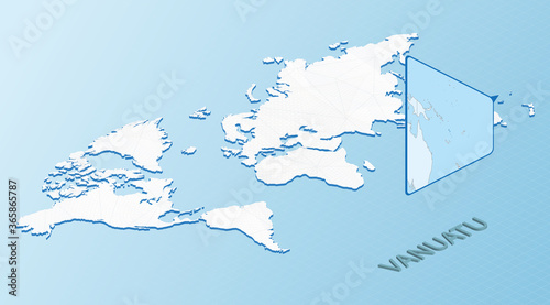 World Map in isometric style with detailed map of Vanuatu. Light blue Vanuatu map with abstract World Map.