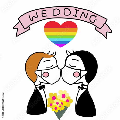 gay wedding groom and bride couple kissing under the face mask to prevent coronavirus in the their wedding with rainbow color heart and word in pink ribbon say wedding hand drawn cartoon vector 