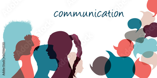 Silhouette heads multiethnic people in profile talking and communicating.Communication text. Speech bubble. Communicate and share ideas and information on social networks.Community. Speak