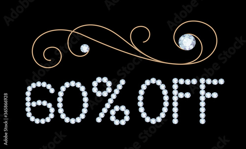 60% off, sale banner with diamond jewelry letters and gold jewellery decorative flourish on black