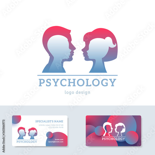 Human head with inner child inside. Vector illustration. Psychology logo concept. Man and woman silhouettes for psychotherapy design. Business cards template with place for text