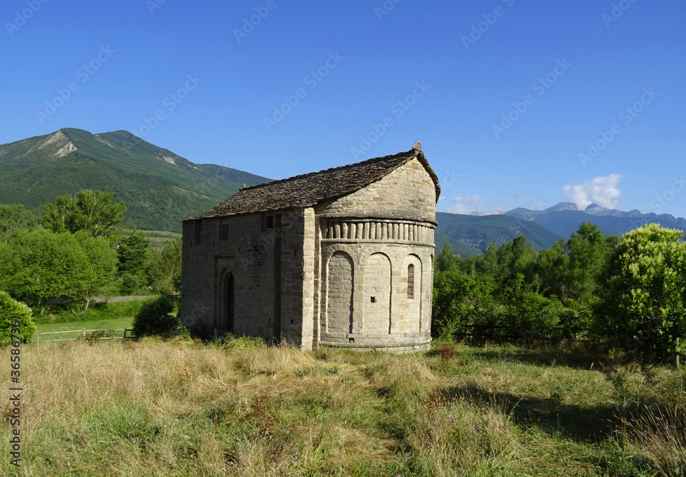 Mozarab Pre-Romanesque or Romanesque Church of San Juan de Busa in the Serrablo Region. 10th-11th century. Aragon. Spain. Mozarab Pre-Romanesque or Romanesque Church of San Juan de Busa in the Serrablo Region. 10th-11th century. Aragon. Spain.