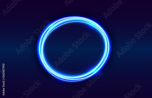Circle neon light effect isolated on dark background, round light lines in blue neon color. Abstract background for science, futuristic, energy, techno