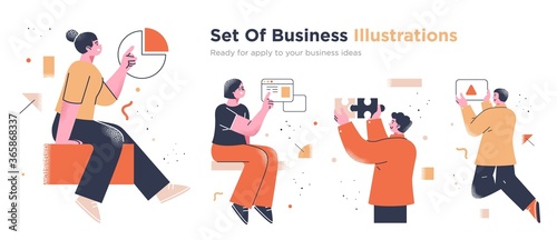 Business Concept illustrations. Collection of scenes with men and women taking part in business activities. Trendy vector style.