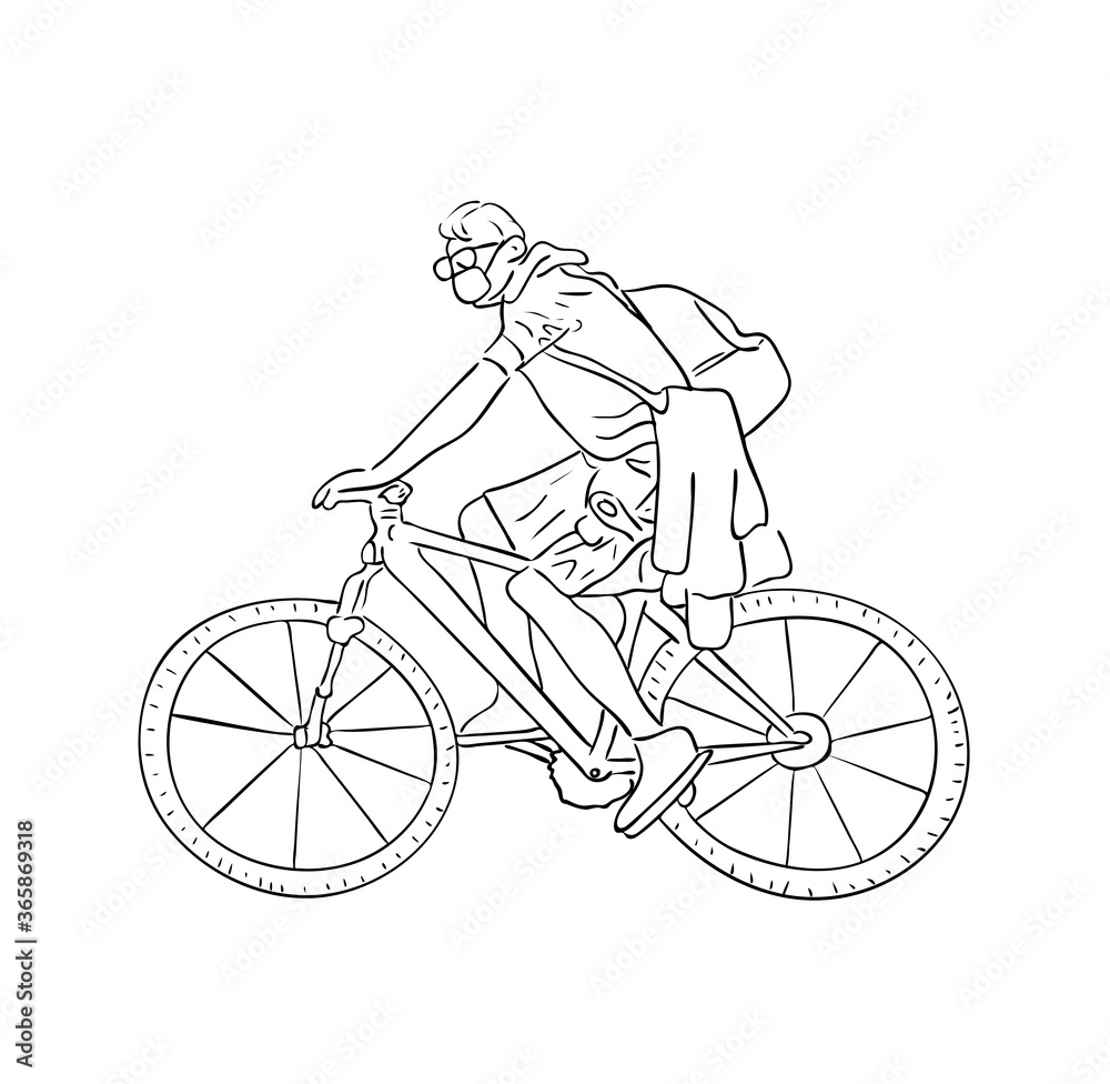 Vector illustration, isolated man courier in protective mask driving a bicycle in black and white colors, outline hand painted drawing Vector illustration, isolated man courier in protective mask driving a bicycle in black and white colors, outline hand painted drawing