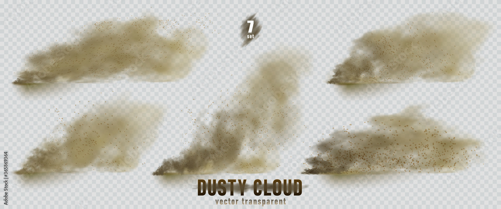 Dusty cloud or broun dry sand flying with a gust of wind, sandstorm, explosion realistic texture with small particles or grains of sand illustration 7 set isolated on transparent background. Vector.