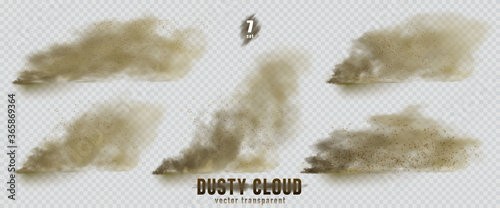 Dusty cloud or broun dry sand flying with a gust of wind, sandstorm, explosion realistic texture with small particles or grains of sand illustration 7 set isolated on transparent background. Vector. photo